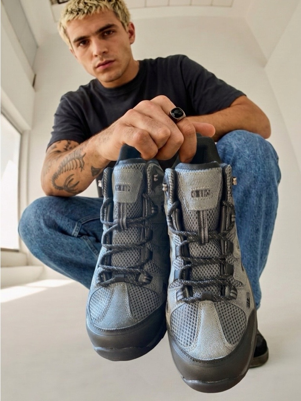 Hi-Tec Men's Grey Mesh and Black Trail Sneakers